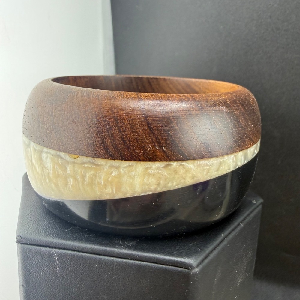Vintage Bangle Bracelet Brown Wood Acrylic Chunky Laminated 8.5in